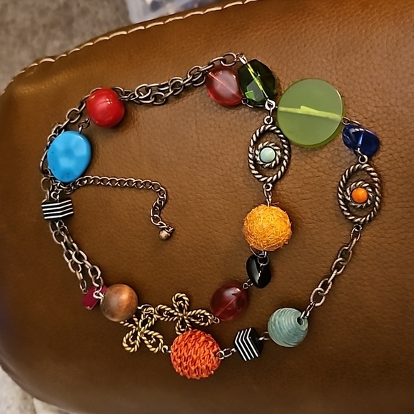 CHICO'S Bronze Whimsical Multicolor Rainbow Artsy Beaded Chain Necklace - Picture 2 of 8